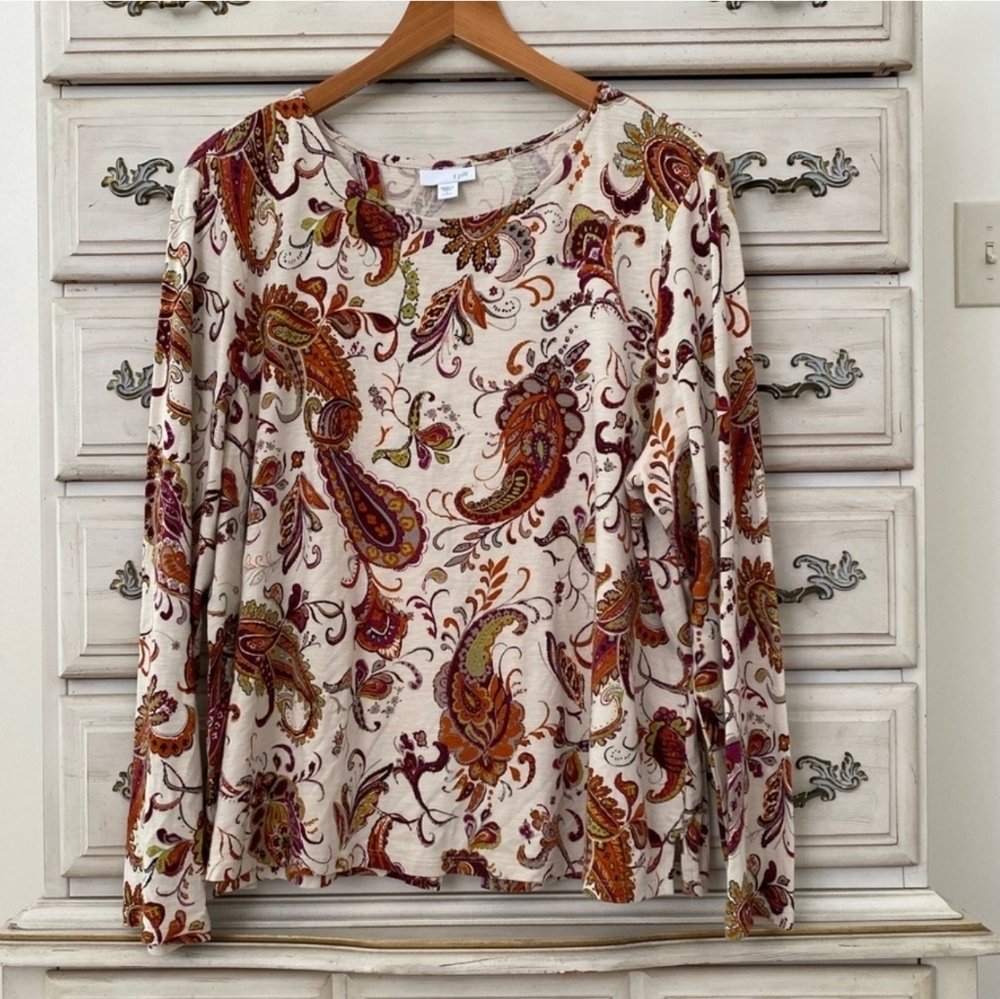 J. Jill Brown Paisley Long-Sleeved Top Sz LP Falls Colors soft comfy - Picture 2 of 8
